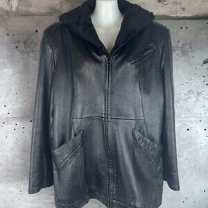 GIVENCHY Leather Jacket Full Zip Black Faux Fur Trim